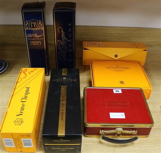 A Moet and Chandon Grand Vintage 2002 in box, two Pol Roger Champagne in boxes, two Veuve Cliquot, 4 similar small bottles in box and